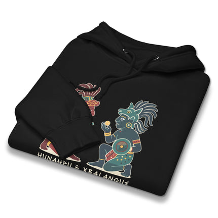 Hunahpu and Xbalanque Maya Hero Twins graphic printed on a pullover hoodie featuring Mayan mythology art.