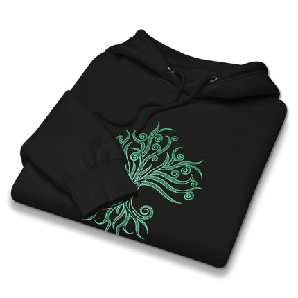 Green hoodie featuring a detailed Celtic Tree of Life graphic print, symbolizing the world tree design.