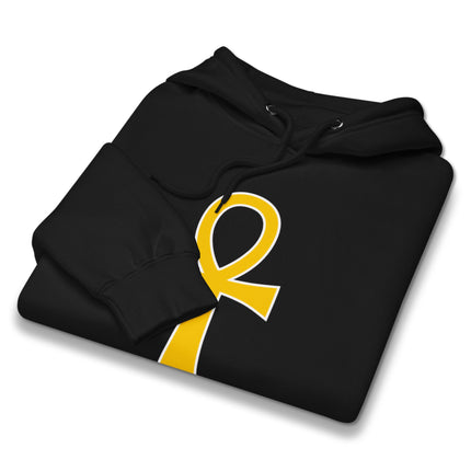 Golden Ankh ancient Egyptian mythology graphic pullover hoodie featuring golden symbol print.