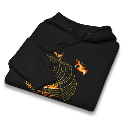 Burning Viking longship graphic on a unisex pullover hoodie featuring Norse funeral art.
