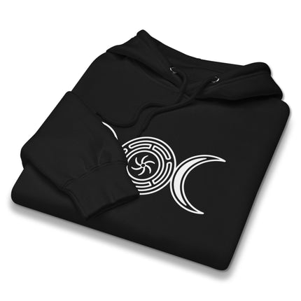 Pagan witch hoodie featuring Hekate's Wheel and triple moon goddess symbol on a unisex pullover.
