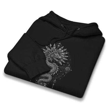 Graphic hoodie featuring Quetzalcoatl feathered serpent mandala occult design print.
