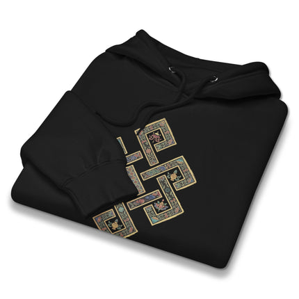 Tibetan Endless Knot symbol graphic printed on a unisex pullover fleece hoodie.