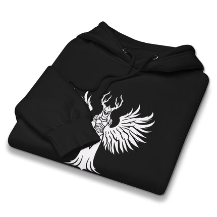 Norse Valkyrie winged warrior graphic hoodie, unisex viking pullover fleece design.