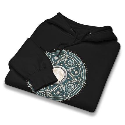 Celtic mythology hoodie featuring Arianrhods wheel, moon mandala, and celestial design print.