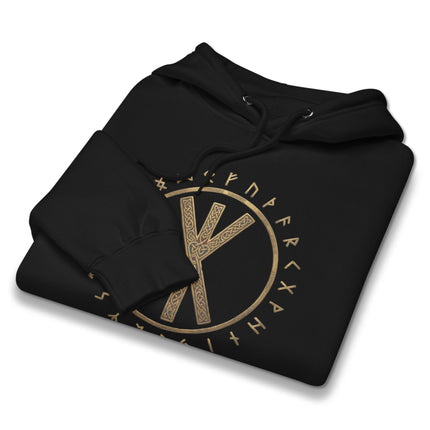 Norse Viking rune hoodie featuring Elder Futhark symbols and strength bind runic designs.