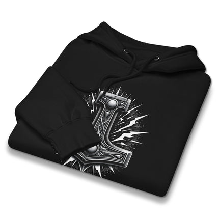 Norse Mjolnir hammer hoodie featuring thunder and lightning graphic design print.