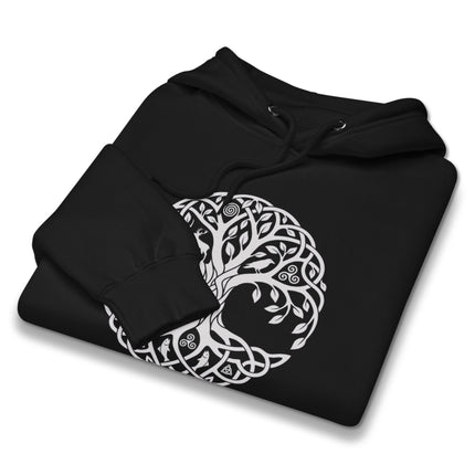 Unisex hoodie featuring the intricate Celtic Tree of Life and Yggdrasil World Tree knotwork design.