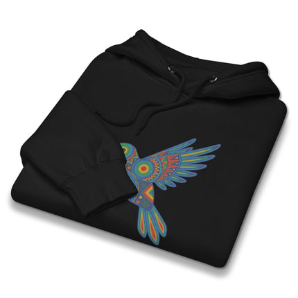 Vibrant pullover hoodie featuring a colorful Huichol hummingbird graphic of indigenous art.
