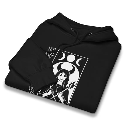 **Option 1 (Most Descriptive & Balanced):**
Hecate goddess witchcraft hoodie featuring pagan triple moon magic symbols.

**Option 2 (Most Concise):**
Triple Moon Hecate Goddess witch craft pullover hoodie design.

*(Character count check: Both are well under the 125-character limit.)*