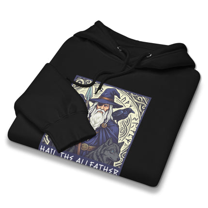 Norse Odin Allfather hoodie featuring Viking wolves, ravens, and mystic runes pullover design.