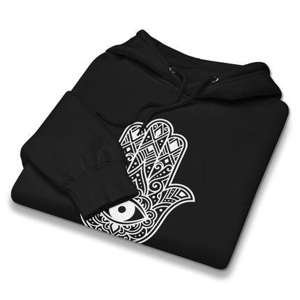 Ornate hamsa hand and evil eye mandala protection graphic on pullover hoodie.