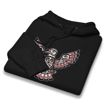 Pacific Northwest style hoodie featuring an indigenous eagle graphic print in Native American art design.
