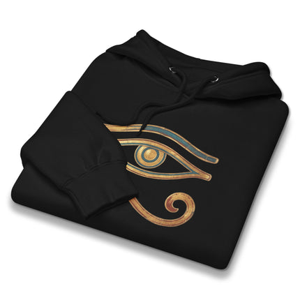 Gold and blue Eye of Horus Wadjet symbol printed on an ancient Egyptian style pullover hoodie.