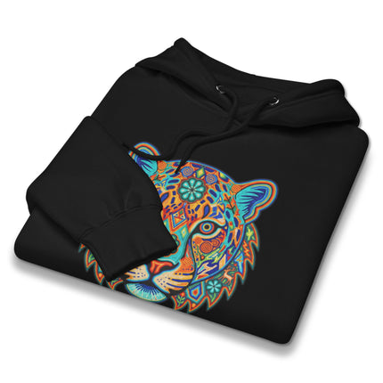 Vibrant Huichol Jaguar artwork pullover hoodie featuring Mexican folk art animal designs.