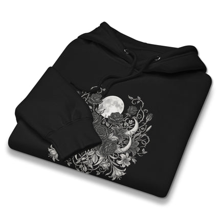Black witchy hoodie featuring a celestial moon and dark rose graphic print.