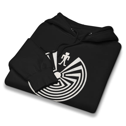 Tohono O'odham symbol graphic on a man in the maze pullover hoodie.