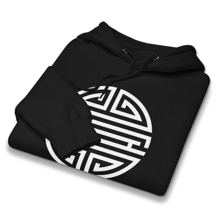 Chinese Shou longevity symbol graphic hoodie pullover fleece for unisex wear.