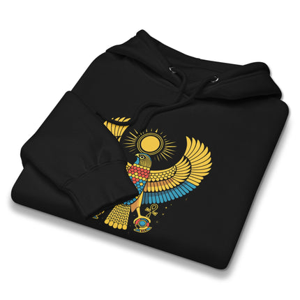 Ancient Egyptian Ra Falcon God graphic printed on a unisex pullover hoodie design.