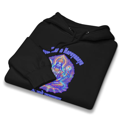 Om Namah Narayanaya Vishnu mantra hoodie with psychedelic Hindu design print.