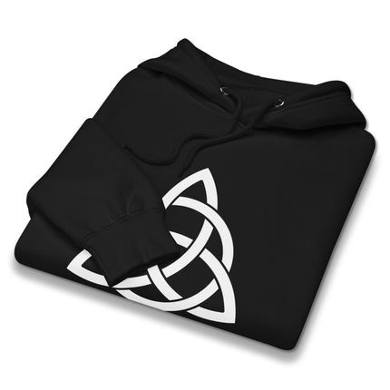 White Celtic Triquetra symbol graphic printed on a unisex pullover fleece hoodie.