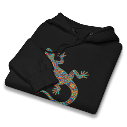 Colorful Huichol Mexican folk art lizard and gecko design printed on a pullover hoodie.
