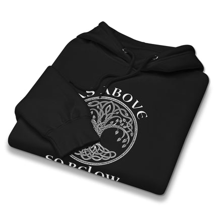 Celtic Tree of Life hoodie featuring "As Above So Below" design print.