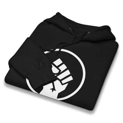 Socialist raised fist symbol graphic printed on an activist protest pullover hoodie.