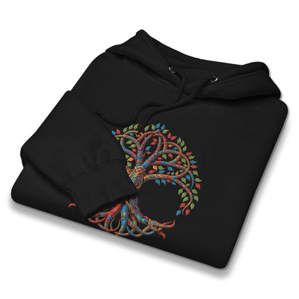 Unisex pullover featuring a vibrant Celtic Tree of Life Yggdrasil world tree artwork print.