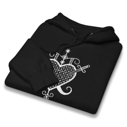 Gothic voodoo hoodie featuring sacred geometry and celestial heart designs.