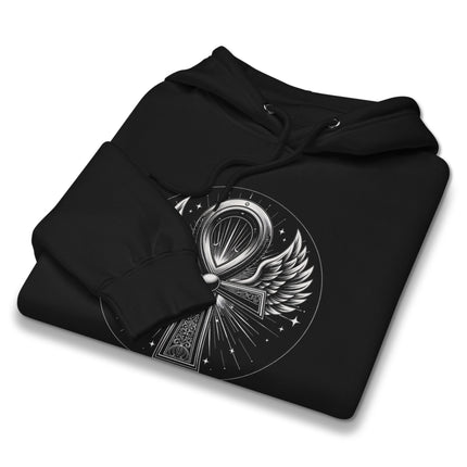 Ancient Egyptian Ankh with wings graphic printed on a unisex mythology pullover hoodie.