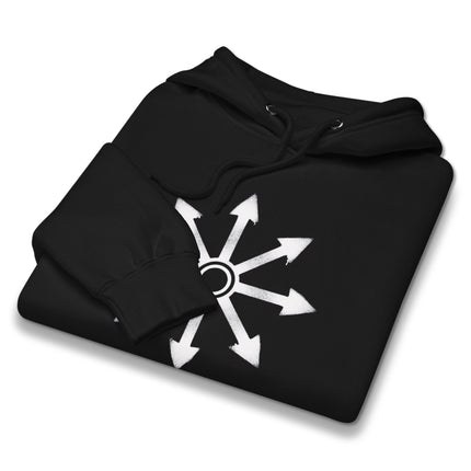 Eight-pointed occult chaos star symbol graphic print on a unisex pullover hoodie.