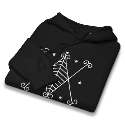 Black pullover hoodie featuring voodoo celestial graphics print on black fabric.