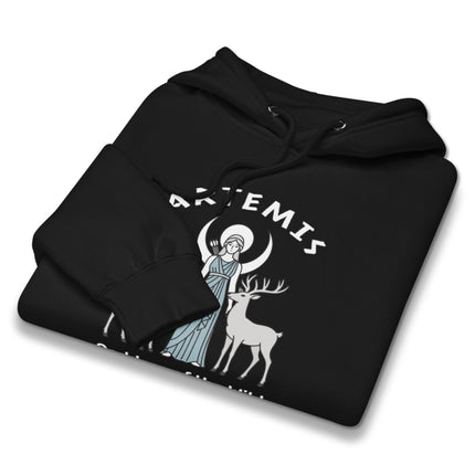 Artemis goddess hoodie featuring lunar, deer, and wild mythology print design.