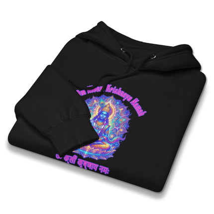 Colorful Om Kleem Krishnaya Namah spiritual artwork printed on a pullover hoodie design.