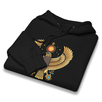 Egyptian Ra falcon graphic print pullover hoodie featuring ancient Egyptian art design.