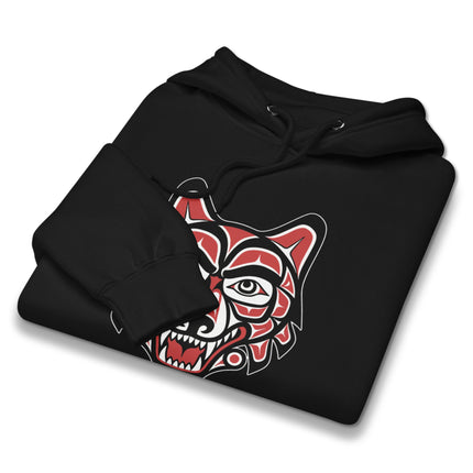 Tribal wolf head art pullover hoodie featuring Pacific Northwest Indigenous style design.