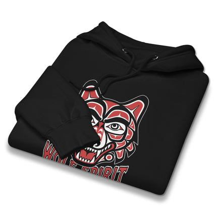Wolf Spirit Haida Art tribal design pullover hoodie featuring Pacific Northwest motifs.