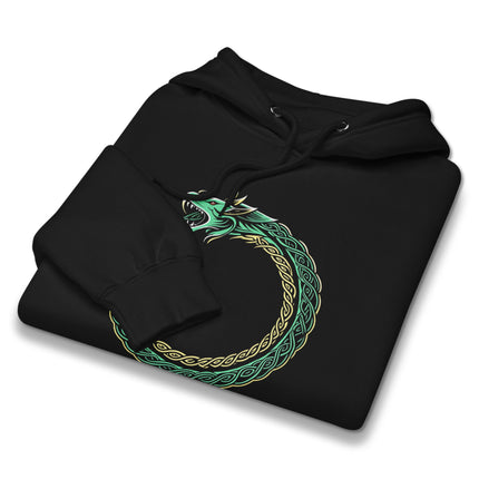 Viking Ouroboros dragon infinity serpent symbol graphic on a pullover hoodie.