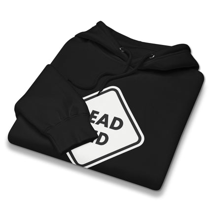 Dead End Sign graphic print on a black pullover hoodie, featuring a road warning design.