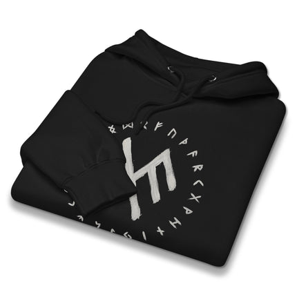 Luck Bind Rune Hoodie featuring Norse Viking Elder Futhark symbols and Nordic designs.