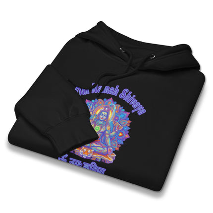 Om Namah Shivaya Shiva meditation hoodie featuring a sacred Hindu spiritual mantra graphic print.