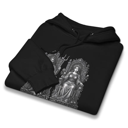 Hades and Persephone mythological throne design hoodie featuring Greek underworld king and queen artwork.