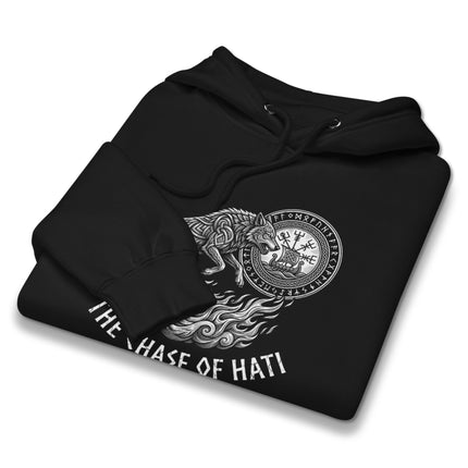 Hati wolf chasing scene on a Norse mythology themed hoodie graphic print.