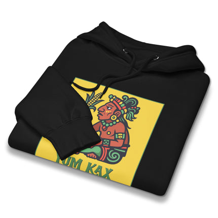 Yum Kax Mayan Corn God art design on unisex pullover fleece hoodie featuring Mesoamerican style print.