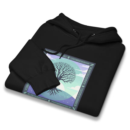 Detailed Celtic Tree of Life graphic print on a unisex pullover hoodie, featuring mystical nature roots design.