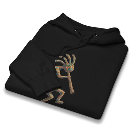 Southwestern Native American style Kokopelli flute player graphic hoodie.
