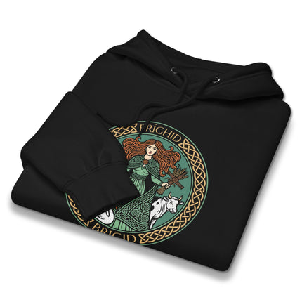 Unisex Brigid Celtic goddess hoodie featuring Irish mythological designs and knotwork print.
