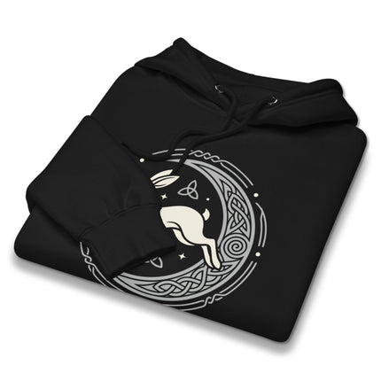 Celtic Hare and Moon mandala design on a pagan mythology geometric hoodie.