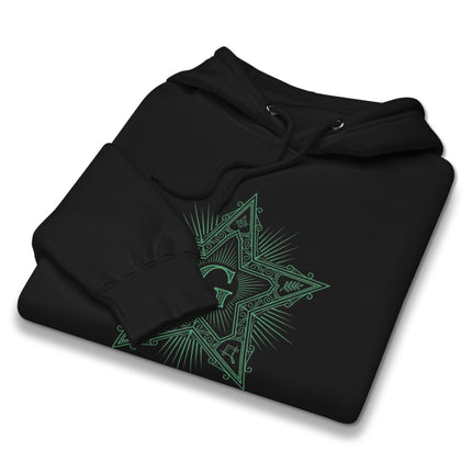 Masonic Blazing Star sacred geometry design on a comfortable pullover hoodie.
